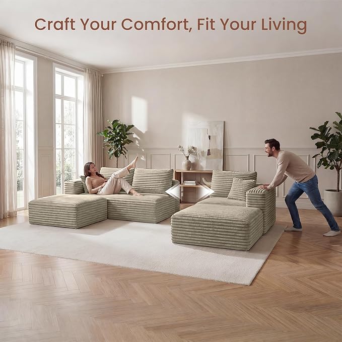 Modular Sectional Sofa | 108 Cloud Couch with Cozy Textured CorduroyU-Shaped Boneless Couch Pit SofaHigh-Density Foam Convertible Floor Couch for Home1400lbs Support | Oat Beige | 2 Manageable Box