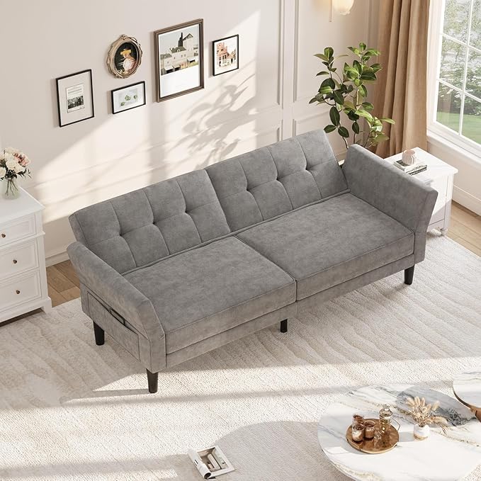 GarveeHome 89 Futon Sofa Bed Convertible Sleeper Sofa with Adjustable Backrest &amp Armrest Modern Futon Couch Bed Loveseat Sleeper for Living Room Bedroom Apartments Grey