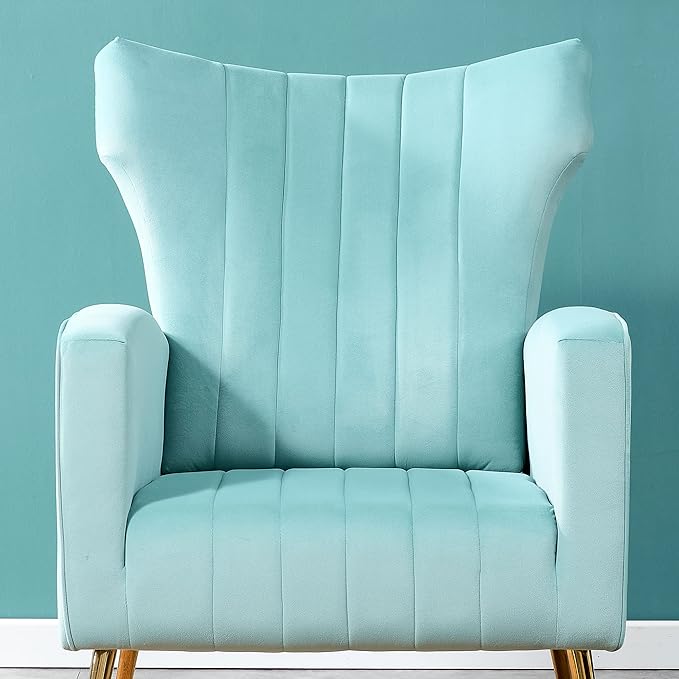 Modern Velvet Accent Chair with Arms Wingback Reading Chair with Gold Metal Legs Comfy Upholstered Single Leisure Sofa for Living Room Bedroom Club(Velvet+Blue)