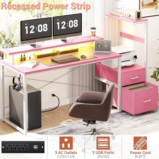 Aheaplus Gaming Desk with LED Strip &amp Power Outlet 59Inch Reversible Computer Desk with Monitor Stand &amp Storage Shelves Home Office Desks with Fabric File Drawer Gamer Table PC Desk Pink