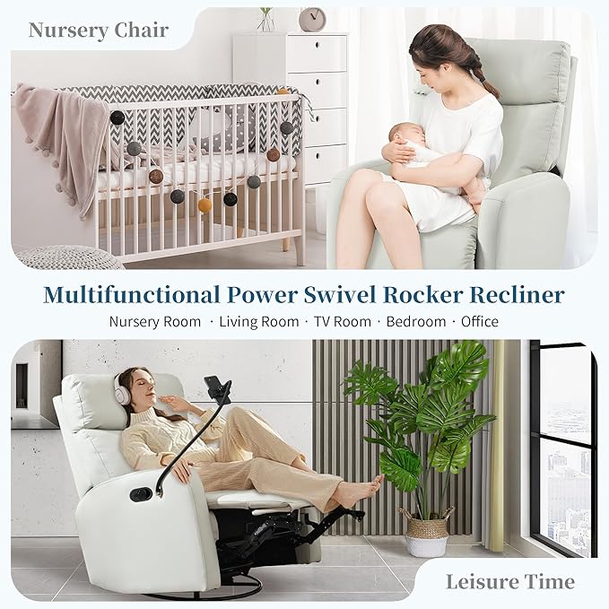 Swivel Rocker ReclinerNursery Glider ReclinerUpholstered Rocking Recliner Chair with Phone Holder PU Rocking Reclining Sofa for Living Room Gray (360°Swivel)