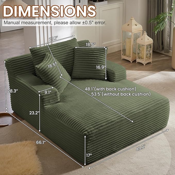 Avenix 66 Oversized Boneless Chaise Lounge Chair IndoorCorduroy Comfy Oversized Reading Chair Boneless Couch Bed ChairNo Assembly RequiredGreen