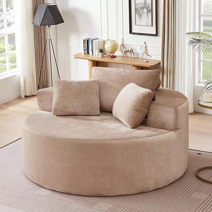 Modern Round Accent Sofa Chair for Living Room Upholstered Soft Terrycloth Barrel Lounge Arm Chair with Large seat&ampThrow Pillows for Bedroom Office Apartment Camel