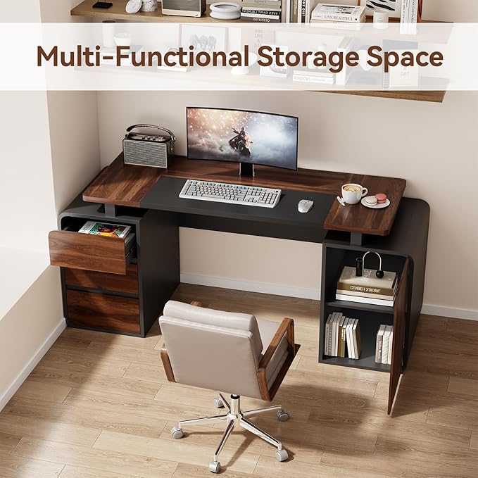 63-Inch Home Office Desk with 3 Drawers and Storage Cabinet Modern Farmhouse Executive Desks with 2 Tone Desktop and Privacy Panel for Living Room Bedroom Small Space Black &amp Walnut