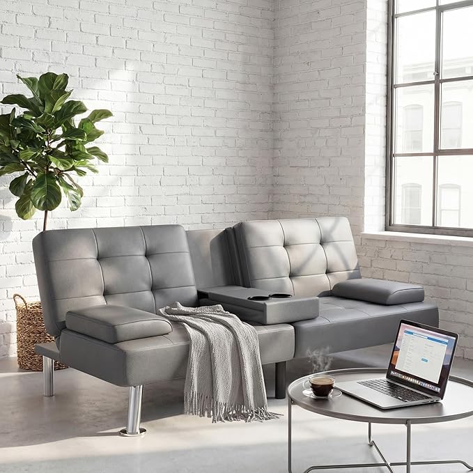 YESHOMY Modern Futon Sofa Bed Convertible Futon Couch with Adjustable Backrest Futon Loveseat Sleeper Sofa Bed with Armrest for Living Room Small SpacesPU Leather Gray