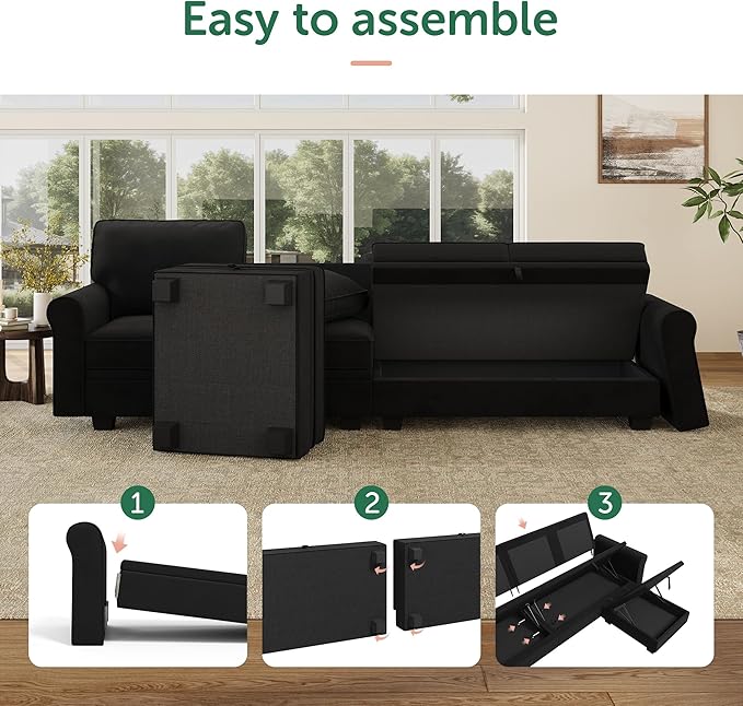 HONBAY Convertible Sectional Sofa with Storage U Shaped Sectional Couch with Reversible Chaise Small Sectional Couches for Living RoomMid Black