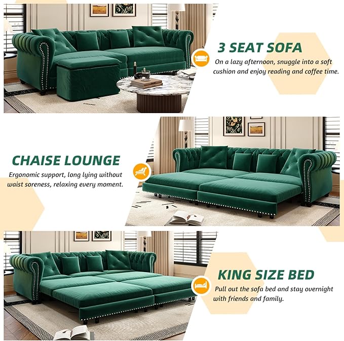 3-in-1 Pull Out Sofa Bed - 89 King Size Convertible Sleeper Sofa Large Velvet 3-Seater Sofa with Movable Ottoman Sleek Rivet Detailing Tufted Design Pull Out Couch (Green)