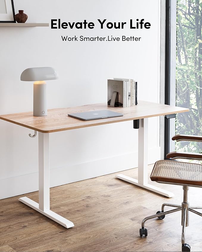 FEZIBO Standing Desk 55×28 Inches Electric Height Adjustable Sit Stand Up Table Computer Office Desk with Splice Board While Frame/Maple TOP