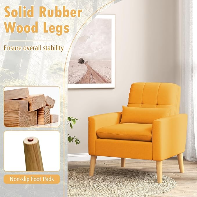 Giantex Modern Accent Chair Mid-Century Linen Fabric Armchair w/Lumbar Pillow Back &amp Seat Cushion Comfy Single Sofa Chair with Rubber Wood Legs for Living Room Bedroom Reading Room Yellow