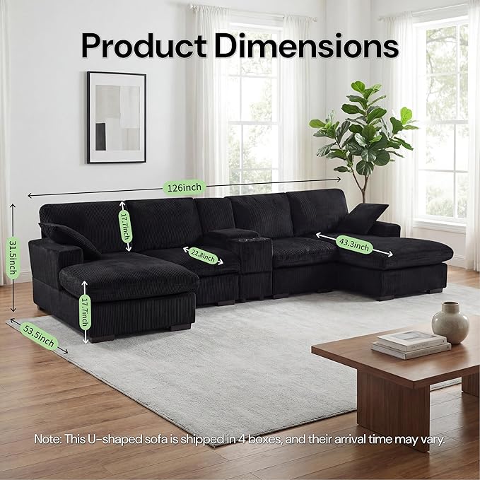 126 U Shaped Sofa Modular Sectional Sofa with Chaise Lounges Modern Couch with Storage Console USB Charging Ports &amp Cup Holders Corduoy Upholstered Deep Seat Couch for Living Room Black | st