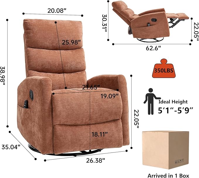 PELUMY 360° Swivel Rocker Recliner with Heat &amp Vibration Massage Glider Rocking Chair for Adults Compact Recliner for Living Room Small Spaces Nursery Bedroom (Chenille Orange)