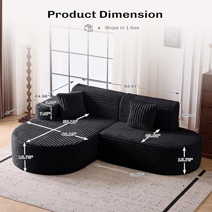 Modern Curved Boneless Sofa Couch L-Shaped Corner Sofa Corduroy Upholstered Cloud Sectional Couch for Living Room Bedroom and ApartmentNo Assembly Needed(Black Left Hand Facing)