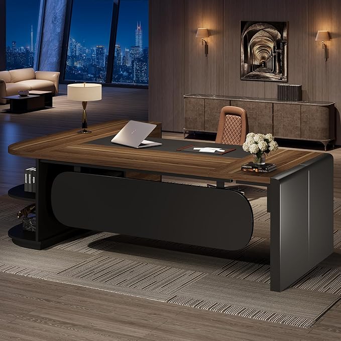 Tribesigns 81-Inch L-Shaped Office Desk Large Commercial Office Desk with Drawers and File Cabinet Modern Professional Business Furniture Workstations with Storage Shelves Brown &amp Black