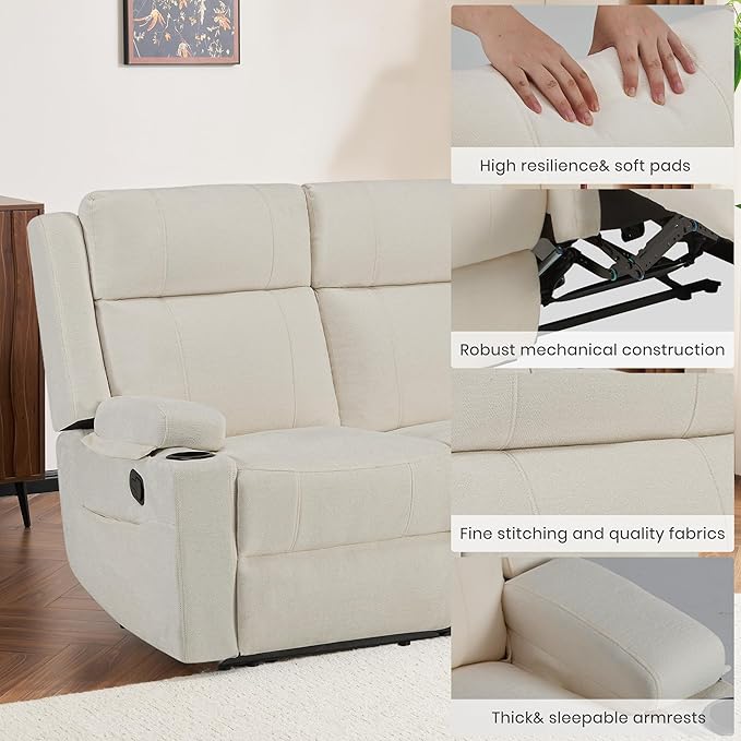 55 Loveseat Reclining Sofa with Cup Holders – Manual Double Reclining Sofa for Aprtment &amp Small Spaces Chenille Fabric Reclinig Couch with Wide Armrests &amp Side Storage for Livingroom Beige