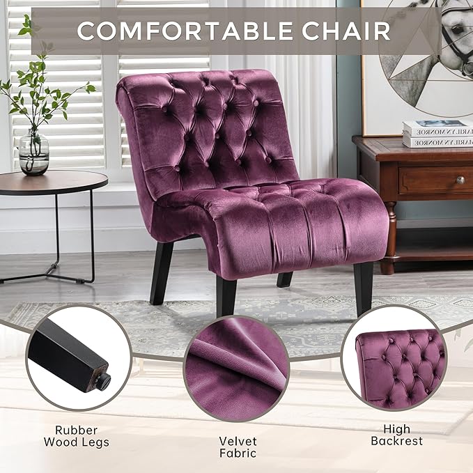 Modern Armless Living Room Chair/Leisure ChairUpholstered Fabric Button Comfortable Chair with Wooden Legs for Bedroom Living Room Office (Purple)