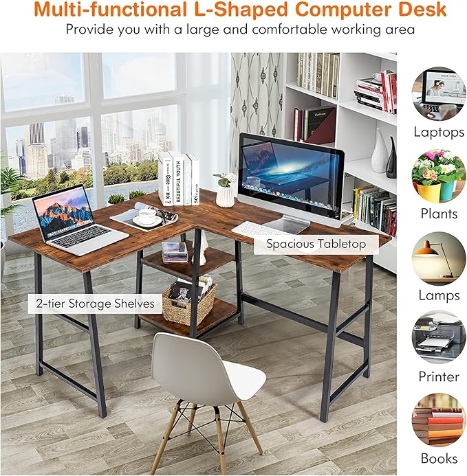 Tangkula L Shaped Desk Space Saving Corner Desk w/ 2 Tier Storage Shelves Study Writing Desk Workstation with Reinforced Metal Frame Home Office Desk (Rustic Brown)