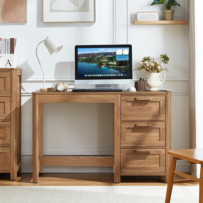 Office Desk 48 with 3 Drawers Storage File Cabinet Wood Farmhouse Desk for Computer Office Bedroom Home Furniture Brown