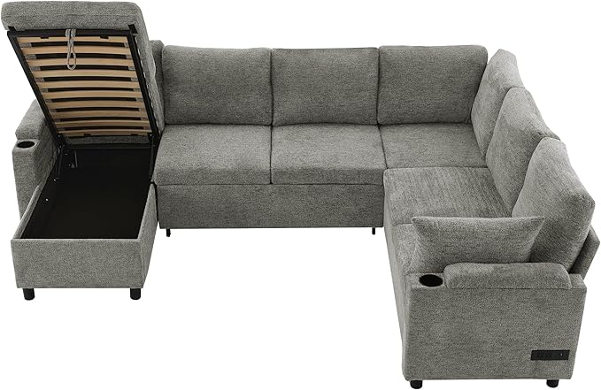 109.9 Modern Sectional Sofa Pull-Out Sofa Bed Sleeper with Storage Ottoman and 2 Cup Holders Chenille Convertible U-Shaped Couch Bed for Living Room (Light Grey-3.13)