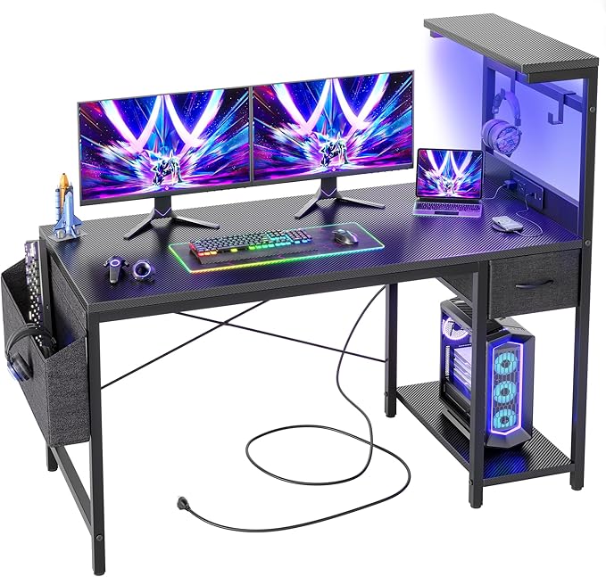 TIQLAB Gaming Desk 47 inch with Power Outlet and LED Light Computer Desk with Reversible Shelves and Storage Drawer Small PC Desk for Home Office Table with Bag Carbon Fiber Black