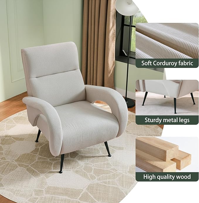 Modern Accent Chair Reading Chair with Corduroy Fabric Upholstered and Hight Backrest Single Sofa Chairs for Living Room Apartment Bedroom and Small Spaces. (Beige)