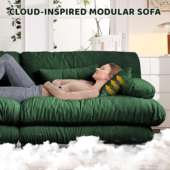 Modular Sectional Sofa 3 Seater Cloud Couch with Ottoman L Shaped Deep Seat Sofas Sectional Couch for Living Room Comfy Chenille Modular Sofa Set with Throw Pillows Modern Sleeper Couchs Green