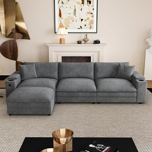 115 L Shaped Cloud Sofa Couch with Ottoman Storage Armrest Cup Holders USB &amp Type-C Ports Spring Cushions Solid Wood Frame Chenille Modular Sectional for Living Room (Dark Gray-115.2)