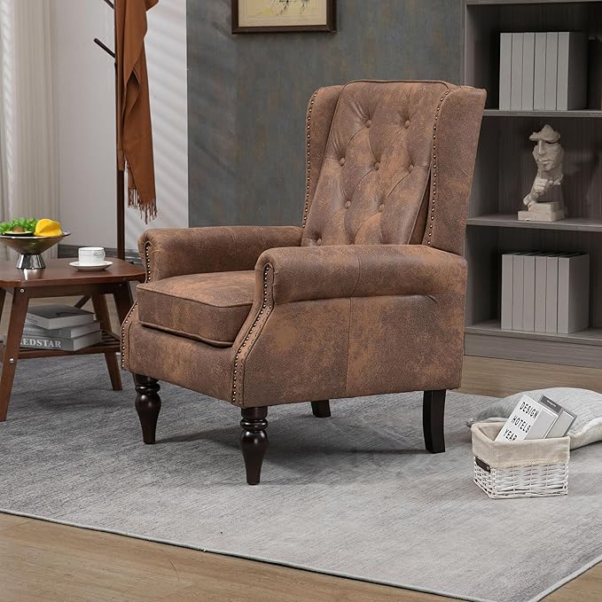 Brown Leather Accent Chair with High Back Vintage Tufted Wingback Chair with Arms &amp Rivet Upholstered Armchair &amp Single Sofa Chairs for Living Room Bedroom Office Apartment (Dark Brown)