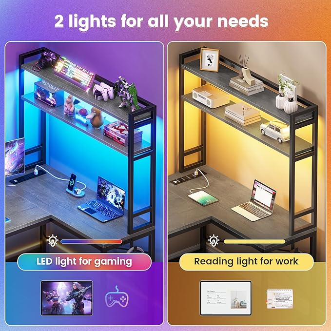 SEDETA L Shaped Computer Desk 45.3” Small Office Desk Corner Compuer Desk with Hutch LED Lights Power Outlet Storage Shelves and Hooks for Home Office Grey