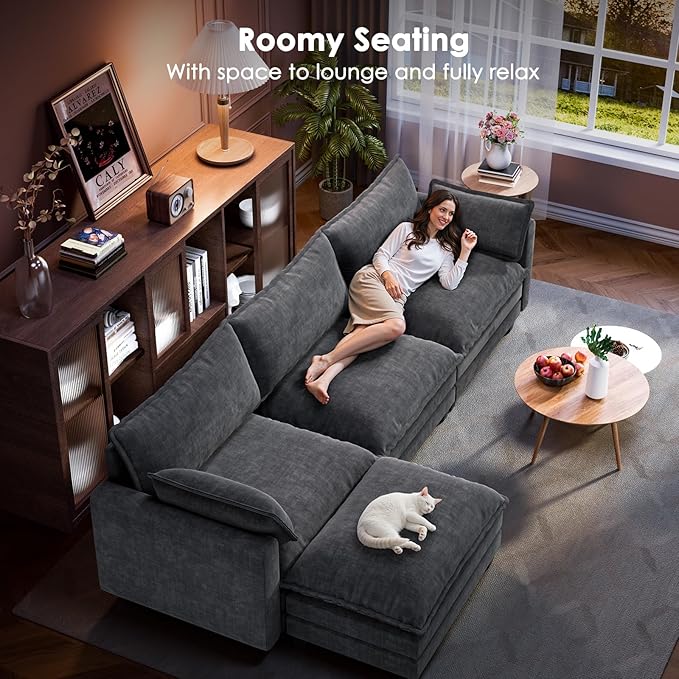 Marsail Modular Sectional Sofa 110.6 U-Shaped Modern Comfy Cloud Couch 5-Seat Chenille Deep Seat Sofa with Throw Pillow &amp Movable Ottoman for Living Room Bedroom and Apartment Grey