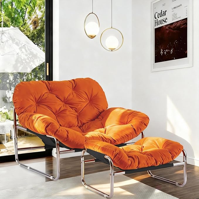 YOXIFOC Modern Style Recliner Armchair with Footrest Multifunctional Leisure Chair with Thickened Cushion and Phone Holder Suitable for Bedroom/Living Room Reading Chair/Garden/Patio (Orange)