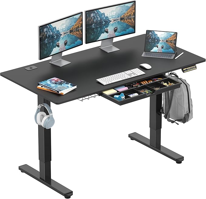 SHW 55 x 28 Inches Electric Height Adjustable Standing Desk with Drawer and Memory Preset Black