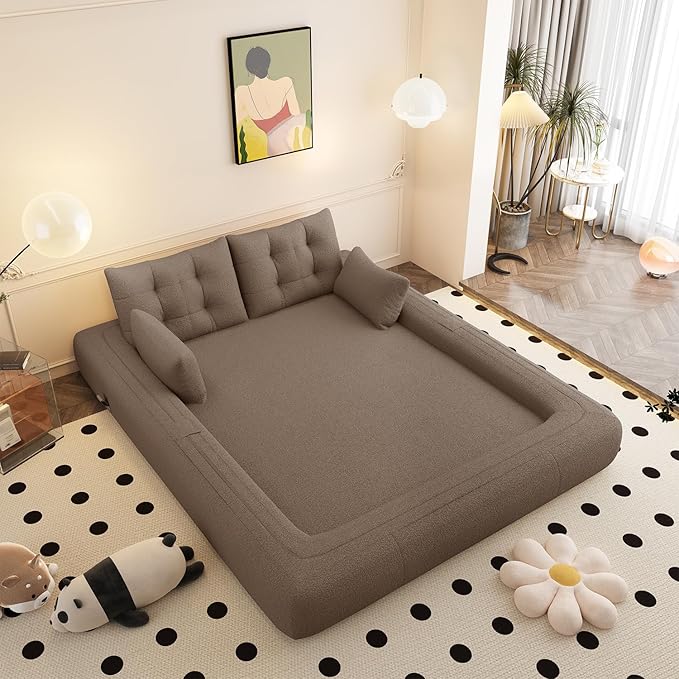 79 Modern Brown Teddy Convertible Futon Couch Sofa Bed 3 in 1 Pull Out Memory Sleeper Cloud Sofas Double Full Size Boneless Love Seat Beds for Living Room Dorm ApartmentBedroom (Brown)
