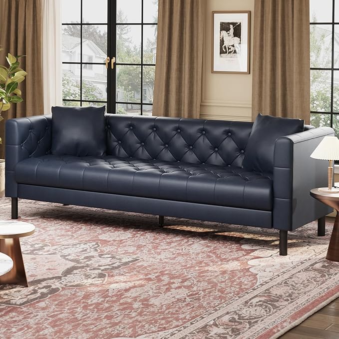 Garvee 81 Inch Leather Couch for Living Room Modern Leather Sofa with Deep Seat Handmade Button Tufted 3 Seater Sofa Chesterfield Couch for Apartment Office Black Blue