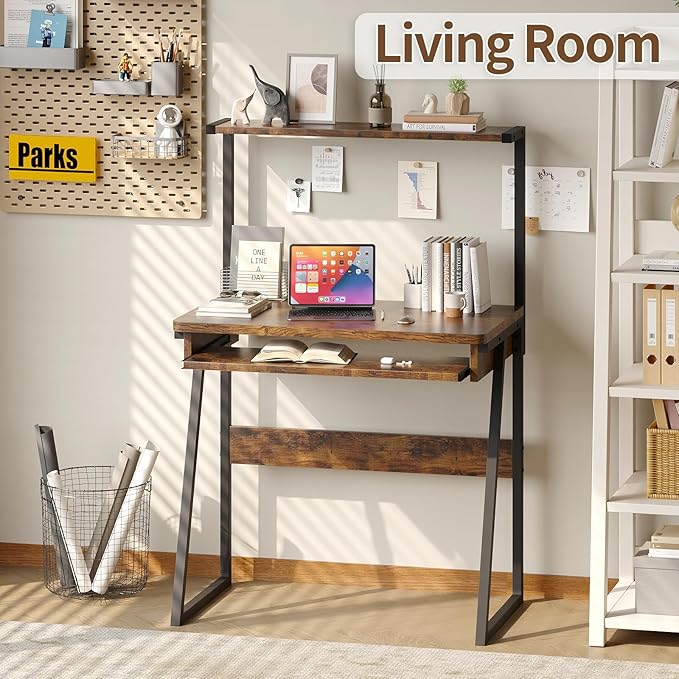 ALISENED 2 Tiers Small Computer Desk for Small Space Compact Laptop Table Workstation with Keyboard Tray. Study PC Table for Home Office Rustic Brown