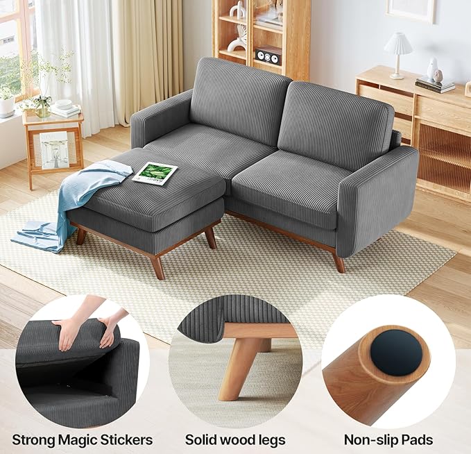 Vesgantti 68 Loveseat Sofa with Movable Ottoman Comfy Corduroy Couch with Spring Cushion Sofa Couch with Solid Wood Modern Office Sofa with Deep Seat for Living Room and Bedroom Dark Gray
