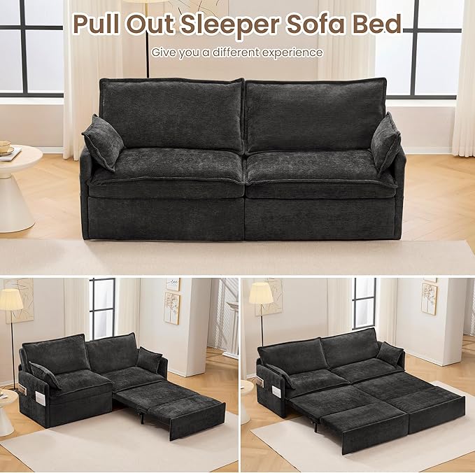 King Size Pull Out Couch3-in-1 Corduroy Sleeper Sofa with Pull Out Sofa BedUSB &amp Side StorageConvertible Loveseat Sleeper Couch for Living Room Bedroom pet-Friendly(Black 73.6'')