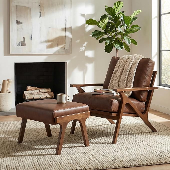 Mid Century Modern Accent Chair with Ottoman Farmhouse PU Upholstered Living Room Armchair and Ottoman Set 23 Seat Wide Retro Leisure Lounge Chair with Wood Frame for Home Bedroom Office Brown