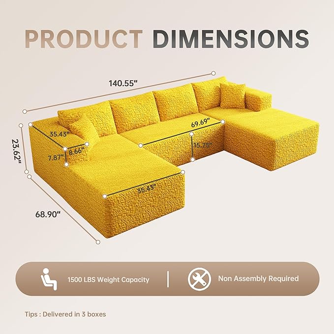 140 U-Shaped Modular Sectional Sofa for Living Room3 Seater Cloud Sectional Couch with Chaise LoungeDeep Seat with PillowsNo Assembly Required (Yellow)