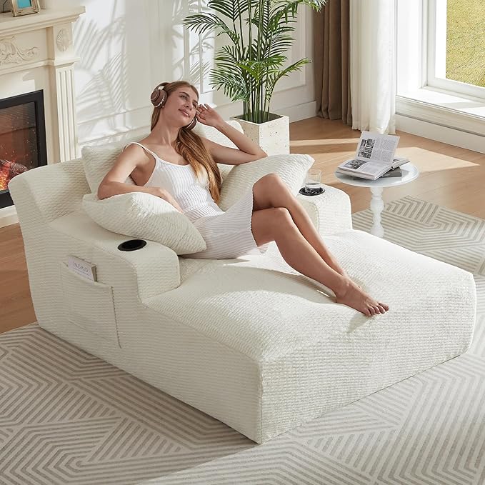 66 Oversized Chaise Lounge Chair Indoor Modern Upholstered Deep Seat Sofa Bed Sleeper Couch Reading Chairs Comfy Corduroy Cloud Sofas Couches for Living Room No Assembly Cream