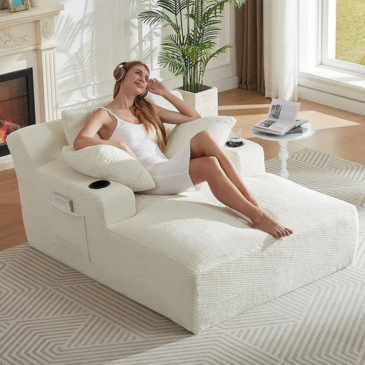 66 Oversized Chaise Lounge Chair Indoor Modern Upholstered Deep Seat Sofa Bed Sleeper Couch Reading Chairs Comfy Corduroy Cloud Sofas Couches for Living Room No Assembly Cream