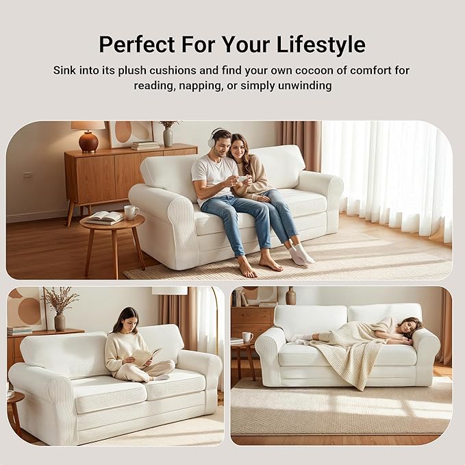 83 Corduroy Loveseat Sofa for Living Room Boneless Sofa with Wide Rounded Armrest Deep Cushioned Couch with Lock-Stitched Edges Skin-Friendly Cloud Couch White