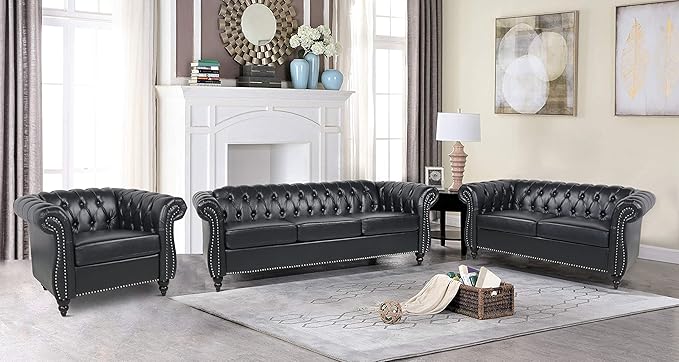 RARZOE Modern 2 Pieces Living Room Sofa Set Contemporary Tufted Button Faux Leather Chesterfield Three-Seater Couch and Accent Club Chair with Nailhead Trim Scroll Arms for Home Furniture (Black)