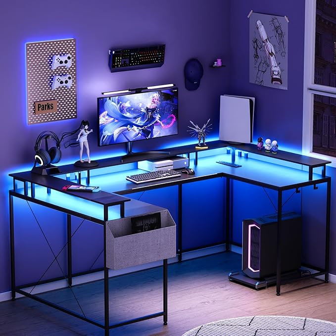 GAOMON 79 Inch u Shaped Desk with Power Outlets LED Strip &amp Monitor Stand Large Corner Computer Desk with Monitor Stand &amp with Storage Shelves for Home Office