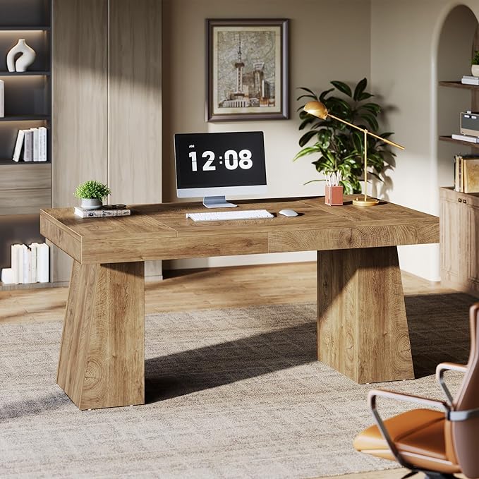 Tribesigns 55-Inch Executive Desk Thick Wood Office Computer Desk with Double Pedestal Modern Minimalist Workstations Writing Table Conference Table Furniture for Home Office Light Brown