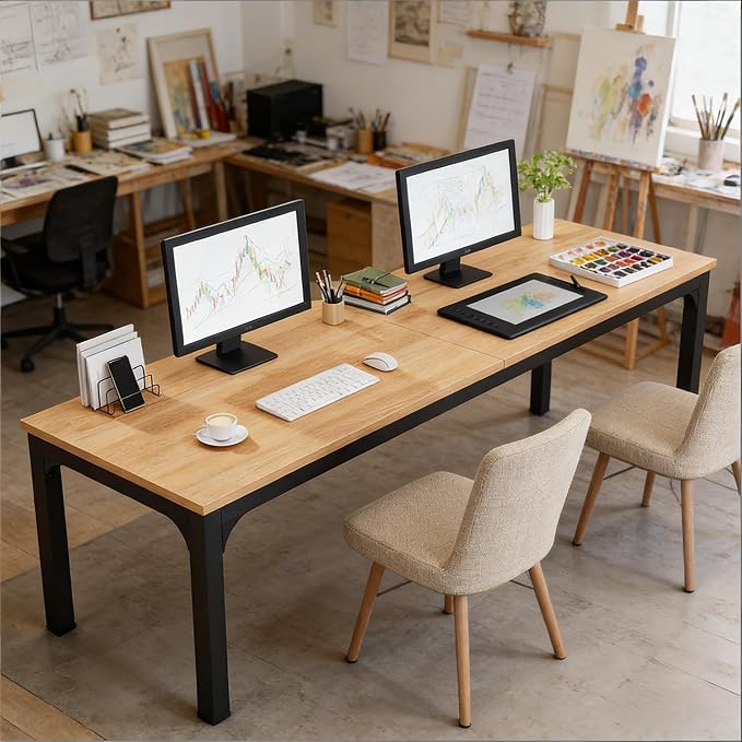 78 Inch Long Computer Desk 2 Person Executive Office Desk Extra Large Double Workstation Simple Study Student Writing Table for Home Office (Walnut+Black)