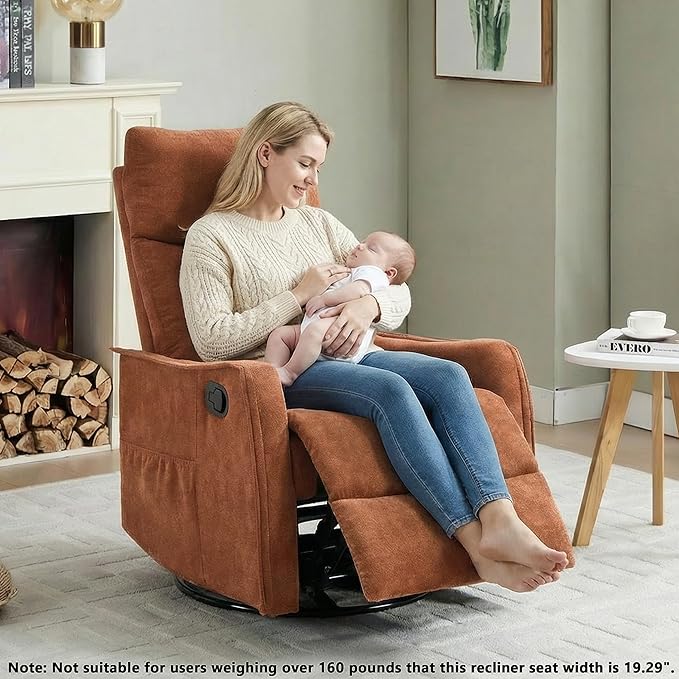 Manual 360° Swivel Rocker Recliner Chair for Adults Overstuffed Glider Chair for Nursery with Vibration Massage and Heat Comfy Soft Fabric Glider with Side Pockets for Living Room Orange