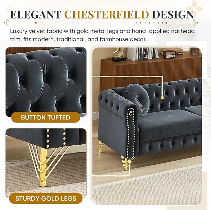 2 Pieces Chesterfield Sofa Set 2 &amp 3 Seater Comfy Tufted Velvet Couch with Rolled Arms &amp Pillows Mid Century Modern Couch and Loveseat Sets Retro Gold Couches Living Room Furniture (Black)