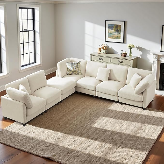 Modular Sectional Sofa Oversized Chenille Cloud Couch with Movable Ottoman 7 Seater Cloud Sectional Couch Convertible L/U-Shape and Sofa Bed Couches for Living Room Beige