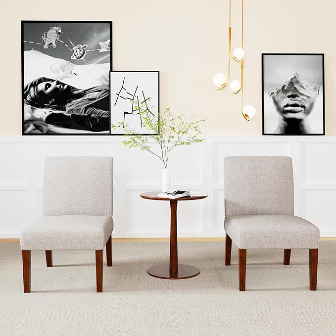 Set of 2 Accent Chairs with Matching Table Linen Upholstered Solid Wood Side Chairs for Living Room Bedroom Waiting Room Guest Lobby Beige