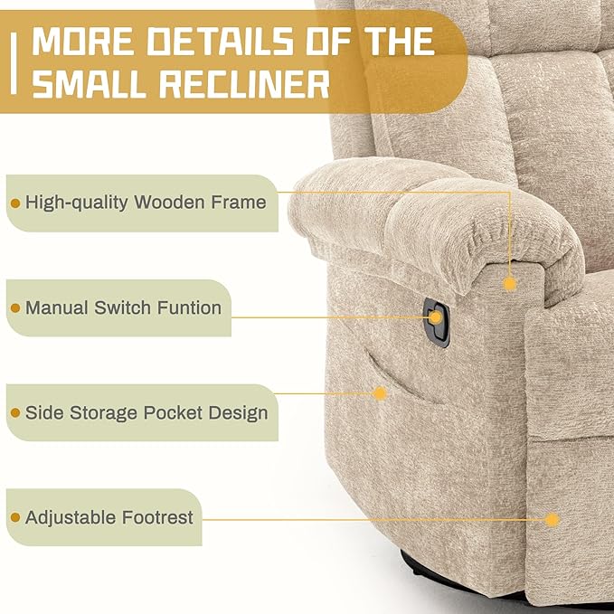 Recliner Chair Swivel Rocker Recliner Chair for Adults Small Recliners for Small Spaces Manual Recliner with Side Pockets Upholstered Nursery Rocking Chair for Living Room Chenille Khaki